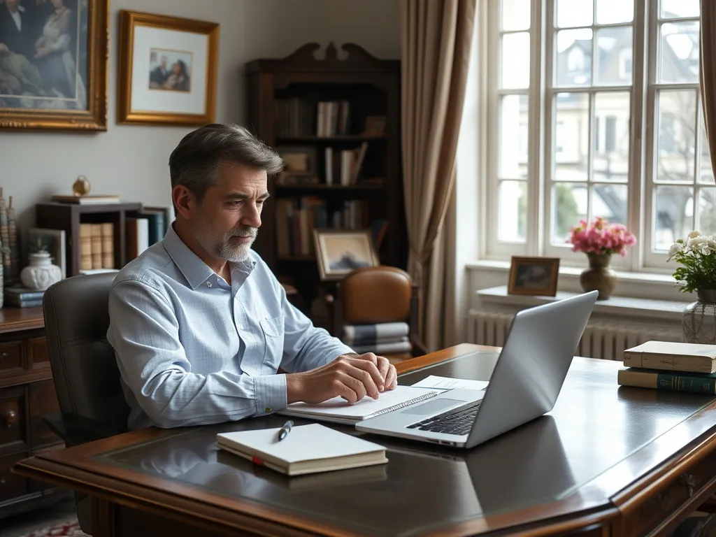 Desk with manuscript and fountain pen
