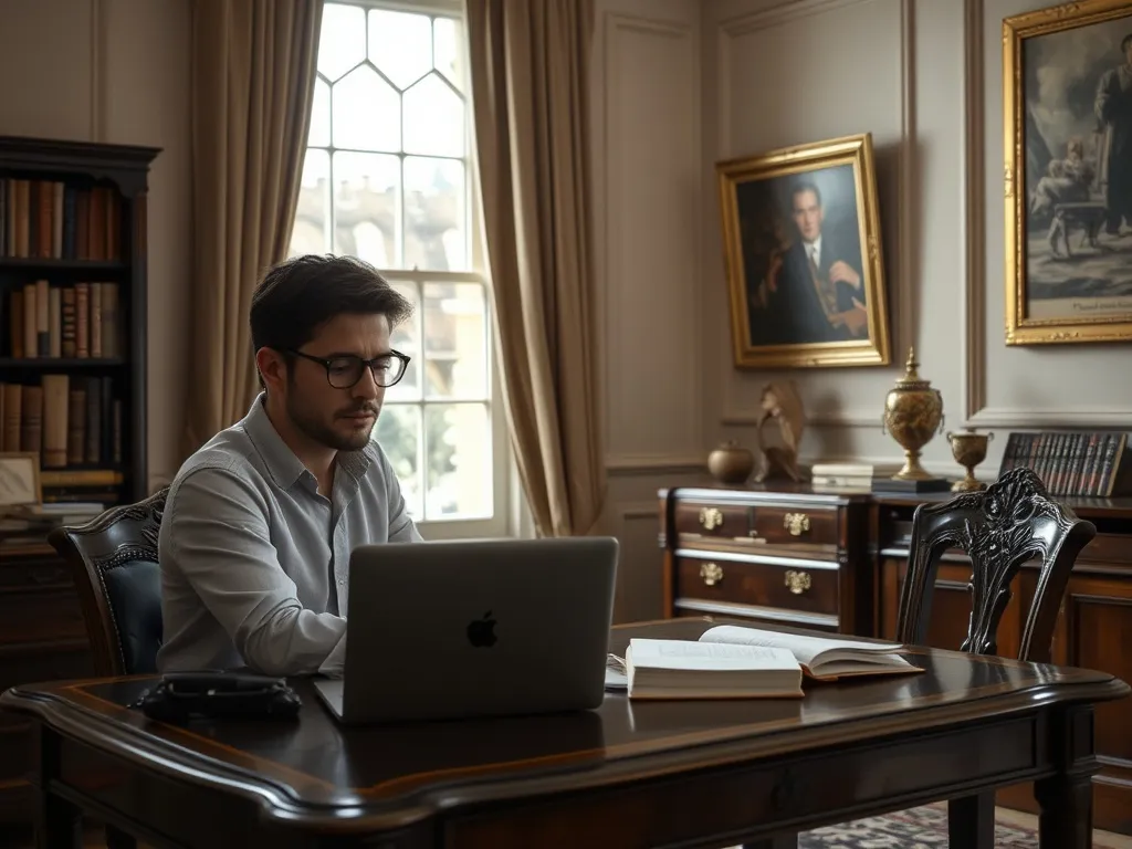 Bookshelf with leather-bound volumes